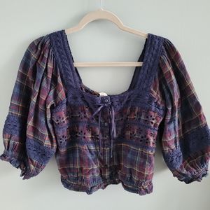 American Eagle Blue Plaid and Lace Crop Top in Medium